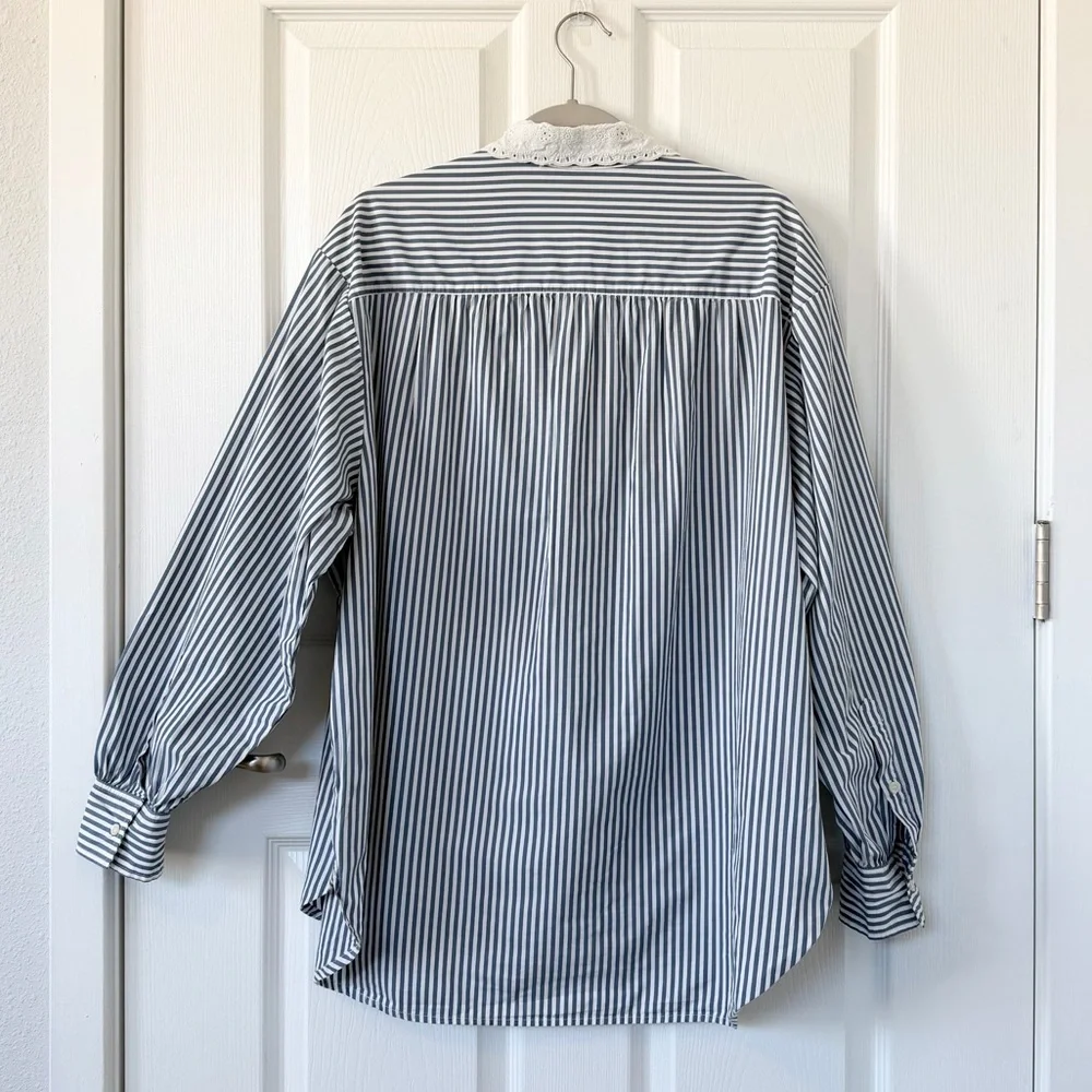 Gap x DÔEN Blue Striped Button Down Shirt with Eyelet Lace Collar - Picture 5 of 10